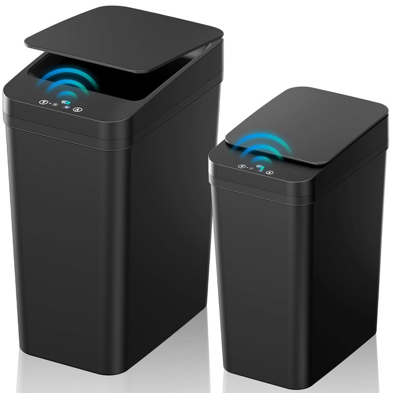 KOEYLE Bathroom Trash Can with Lid, 2 Pack 4 & 2.2 Gallon Automatic Touchless Garbage Can, Small Motion Sensor Smart Trash Can, Slim Waterproof Trash Bin for Bedroom, Bathroom, Office, Living Room (Black) - Image 1